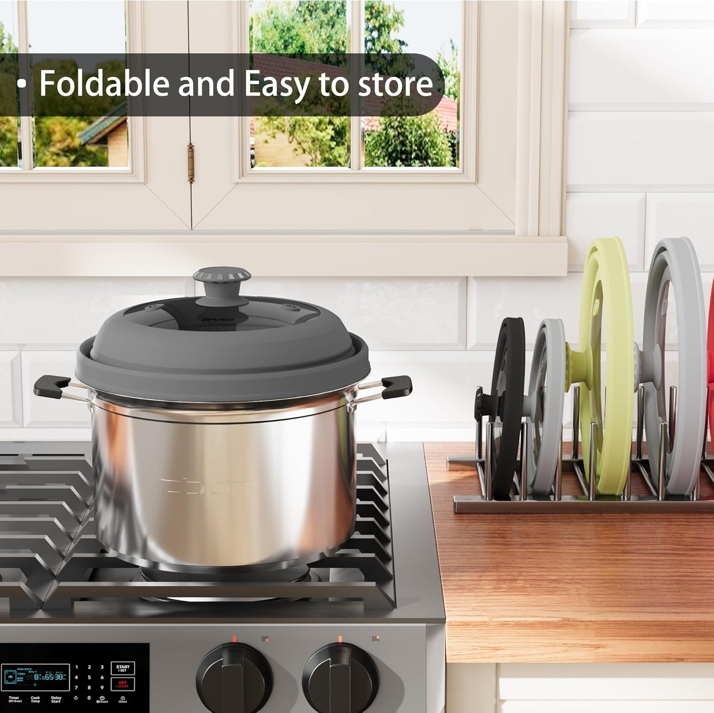 Collapsible Microwave Splatter Cover - Vented Silicone & Glass Lid with Easy-Grip Handle, Fits 6 to 8 Inch Plates & Bowls, 9 Inch Diameter, Prevents Splatters & Ensures Even Heating