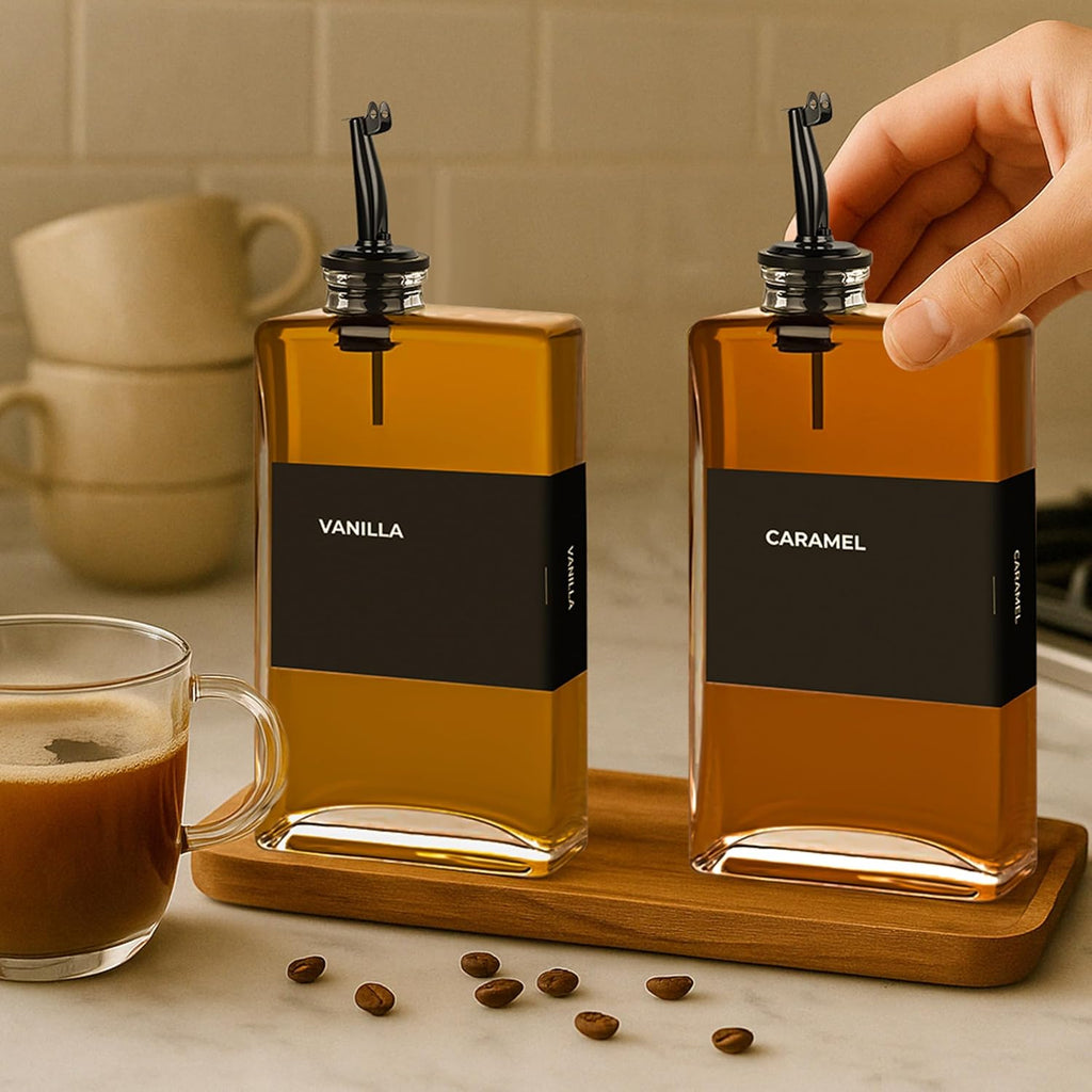 Olive Oil Dispenser Bottle - Includes 44 Kitchen Essential Labels - Cooking Oil Bottles for Kitchen, Coffee Syrup Dispenser - Pourer Spout with 11.8 fl oz Glass Container Cruet - 2pcs, Black