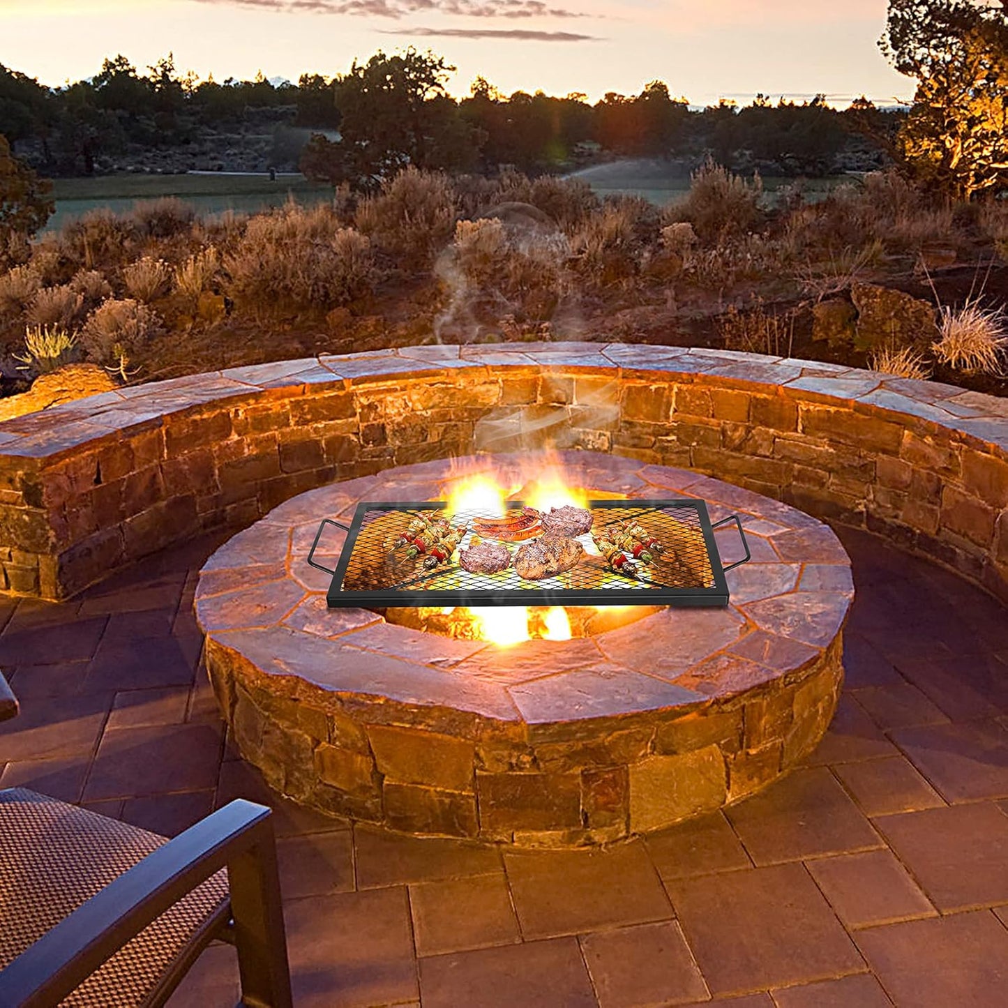 onlyfire Barbecue Rectangle X-Marks Fire Pit Cooking Grate, Heavy Duty Steel Campfire BBQ Grill Grid with Handle Grill Grate for Outdoor, 32-Inch