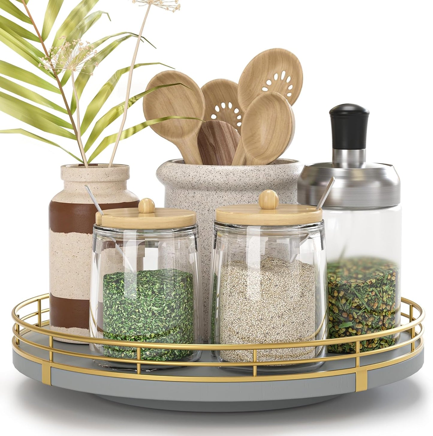 9" Wooden Lazy Susan Turntable for Cabinet – Rotating Spice Rack Organizer, Small Gray Kitchen Countertop Tray for Dining Table & Pantry Storage