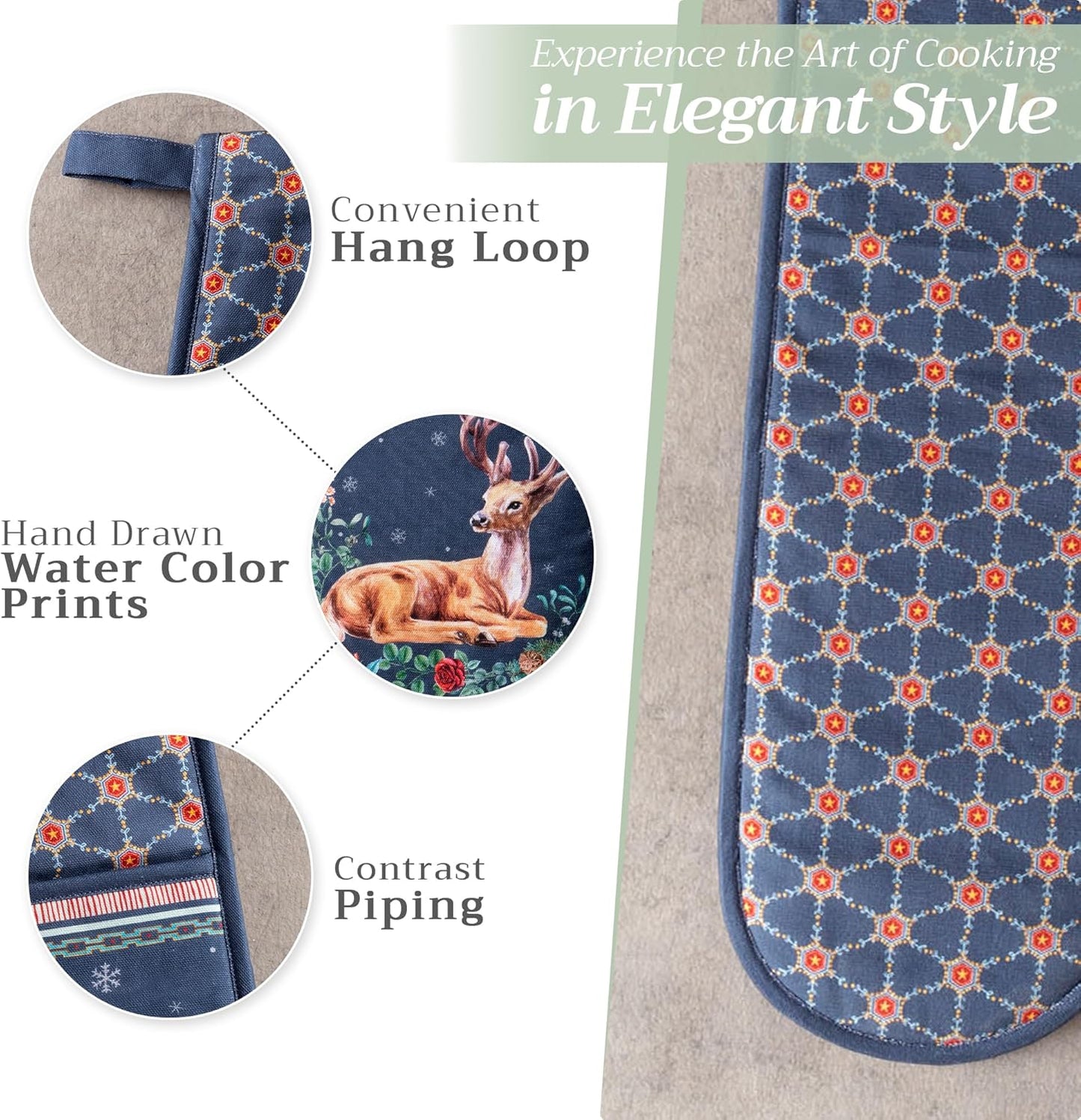 Maison d' Hermine Double Oven Mitts 100% Cotton 7"x35" Double Oven Mitt Heat Resistant BBQ Cooking Gloves with Loop, Baking, Grilling, Home, Kitchen, Handling Hot Pans (Christmas Joy)