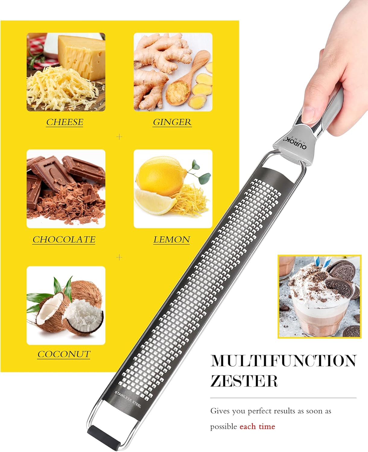 Ourokhome Kitchen Lemon Zester, Stainless Steel Hand Held Parmesan Cheese Grater for Ginger, Chocolate, Coconut, Lime, Nutmeg, Citrus, Fruit, Vegetable with Cleaning Brush, Dishwasher safe, Gray