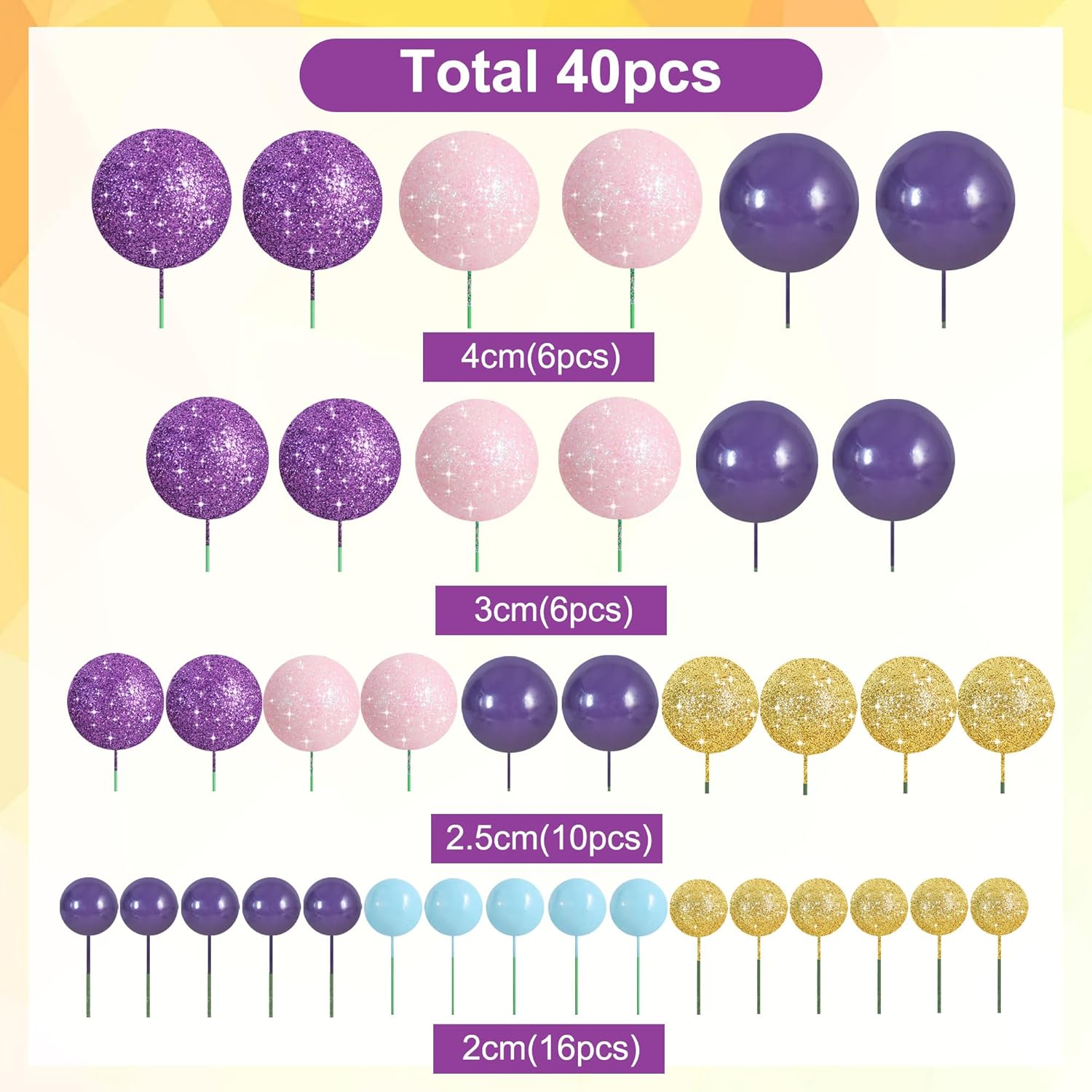 BEISHIDA 40 Pcs Foam Ball Cake Toppers with Sticks Mini Cake Decorations for Birthdays, Weddings, Baby Showers, DIY Baking Supplies, Anniversary Party (Purple, Rose, Gold, Blue)