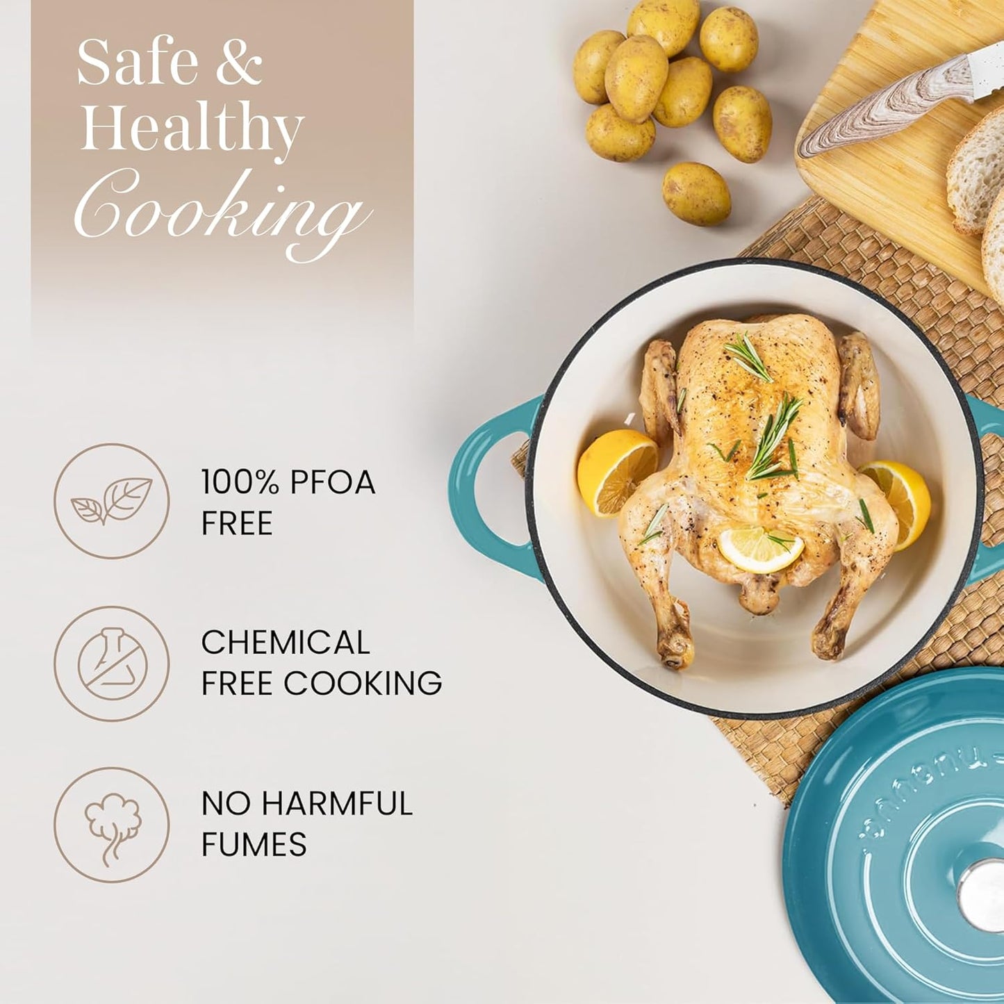 Nuovva Enamelled Cast Iron Dutch Oven Pot with Lid – 6.4 Quart Non Stick Casserole Pot – Heavy Duty & Oven Safe up to 500° F for Bread Baking, Braising, Stews, Roasting – 28cm Teal