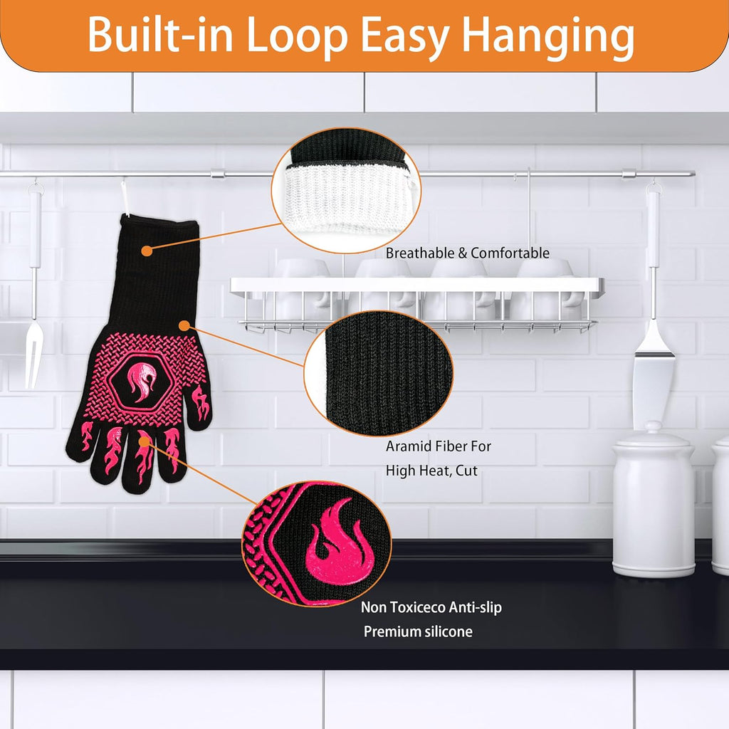 BBQ Fireproof Gloves, Grill Cut-Resistant Gloves 1472°F Heat Resistant Gloves, Non-Slip Silicone Oven Gloves, Kitchen Safe Cooking Gloves for Oven Mitts,Barbecue,Cooking, Frying,13.5 Inch-Rose Pink