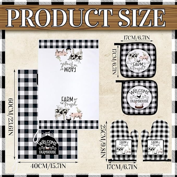 Bencailor 6 Pcs Farm Kitchen Towels Oven Mitts and Pot Holders Decorative Dish - Image 2
