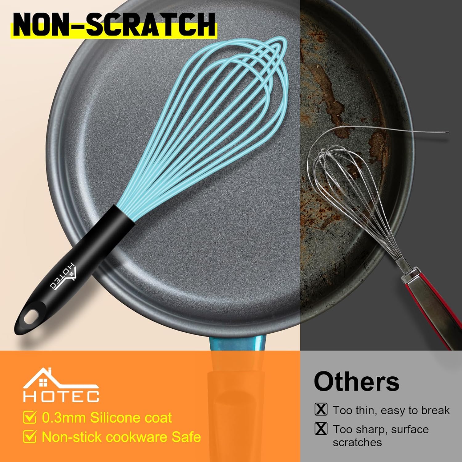 HOTEC 4 Pieces Silicone Whisks Set, Wire Balloon Whisks Egg Beater, Non-slip Handle Whisk for Non-stick Cookware Perfect for Cooking, Stirring, Beating and Blending (Blue)
