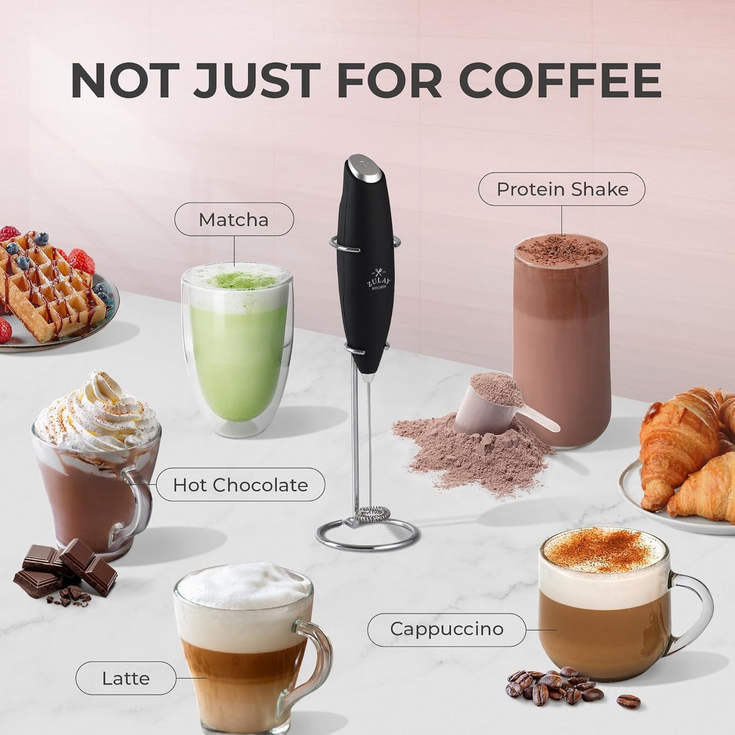 Zulay Kitchen Powerful Milk Frother Wand With 2 Duracell Batteries - Ultra Fast Handheld Drink Mixer - Electric Whisk Foam Maker for Coffee, Lattes, Cappuccino, Matcha, Hot Chocolate & Creamer - Black