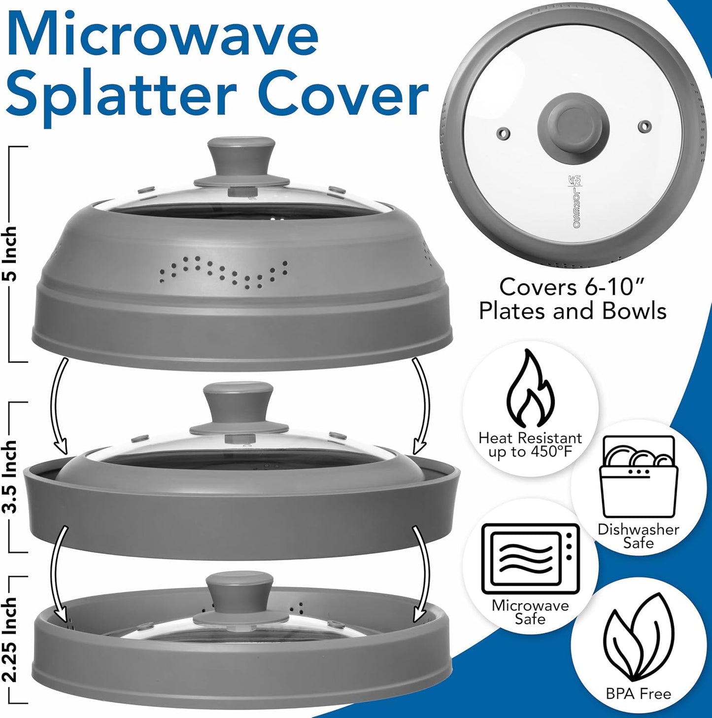 Microwave Splatter Cover for Food - Silicone Glass Dish Plate Cover, Vented with Silicone Grip Handle Knob, Collapsible, Food Grade, Microwave, Dishwasher Safe - 10" Inch