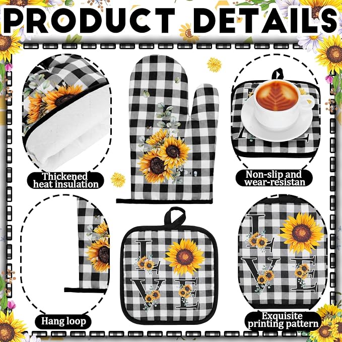 Fourluoo 10 Pcs Sunflower Kitchen Decor 4 Black and White Buffalo Plaid Dish - Image 5