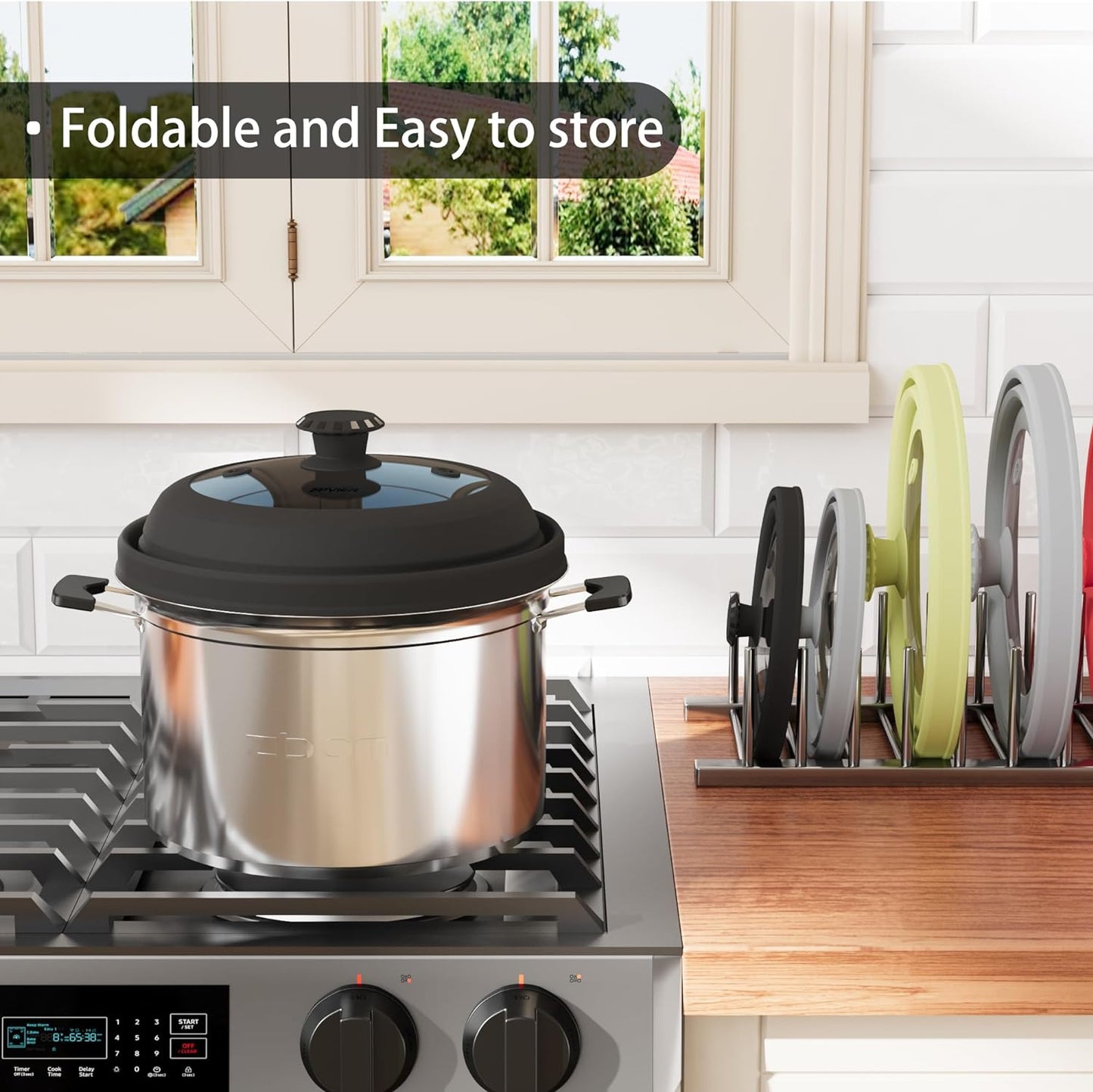 Collapsible Microwave Splatter Cover - Vented Silicone & Glass Lid with Easy-Grip Handle, Fits 6 to 8 Inch Plates & Bowls, 9 Inch Diameter, Prevents Splatters & Ensures Even Heating