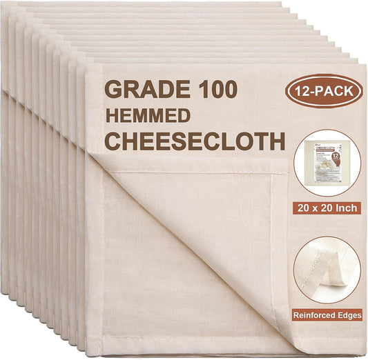 eFond Cheese Cloths | 12-Pack, 20x20Inch Squares with Hemmed Edges | Grade 100 Ultra Fine Reusable Cheesecloth for Straining | Unbleached Cotton Muslin Cloths | For Nut Milk, Butter, Baking & Cooking