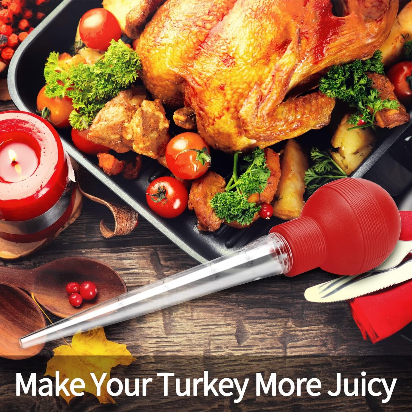 Turkey Baster With Cleaning Brush, Baster Syringe for Home Baking and Roaster Turkey, Include Detachable Food Grade Bulb with Double Scales for BBQ Grill Baking Kitchen Cooking，RED