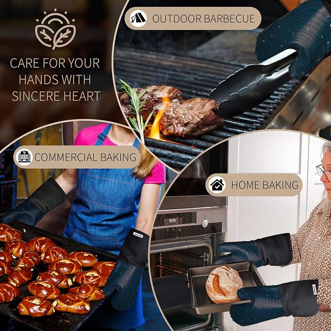 Silicone Oven Mitts, Cotton Lined Gloves, Long Cooking Mitts and Trivet Mats - Image 5