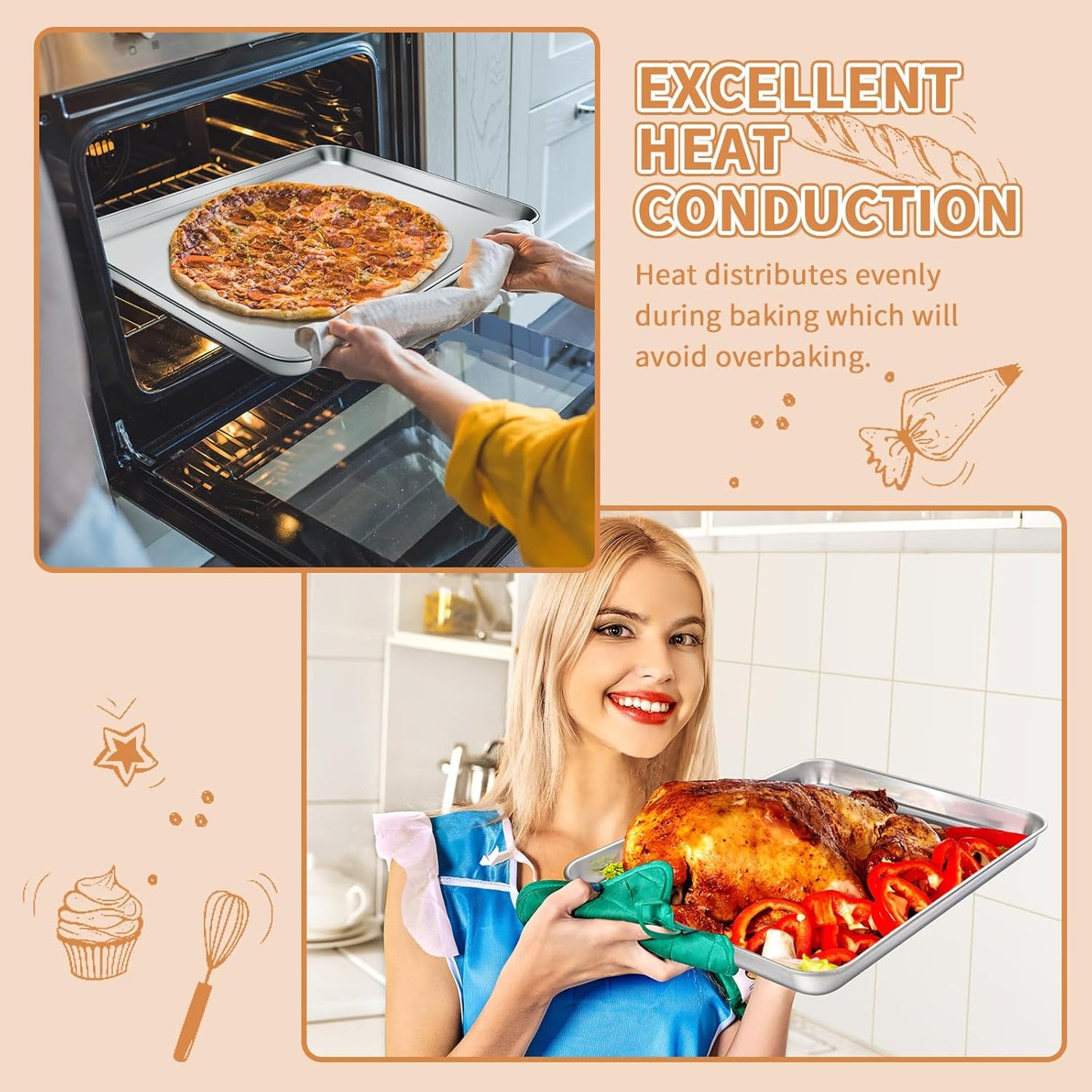 Stainless Steel Baking Sheet Set of 2, Deedro Cookie Sheet Metal Baking Pan Oven Tray, Non Toxic & Heavy Duty, Rust Free & Mirror Finish, Easy Clean & Dishwasher Safe, 16 x 12 x 1 Inch