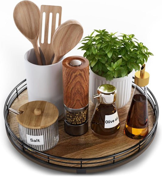 Acacia Wood 12" Lazy Susan Turntable Organizer for Table Top, Farmhouse Round Wooden Lazy Susan for Cabinet Kitchen Centerpieces Coffee Table, for Condiments Spices, Bathroom Vanity Tray Decor
