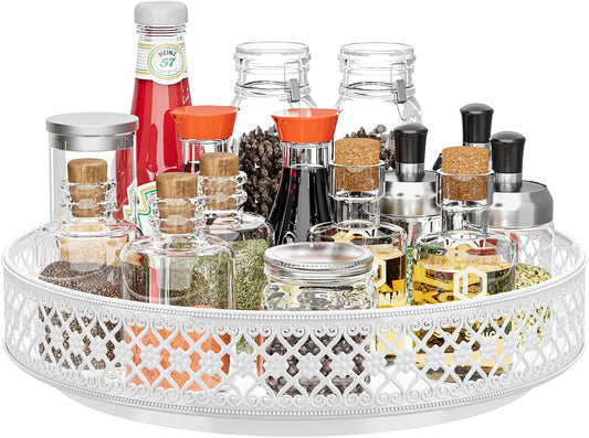 Ovicar Lazy Susan Turntable Organizer - 13 inch Rotating Spice Rack Metal Lazy Susan for Cabinet Pantry Kitchen Countertop Dining Table Cupboard Bathroom Vanity Refrigerator White