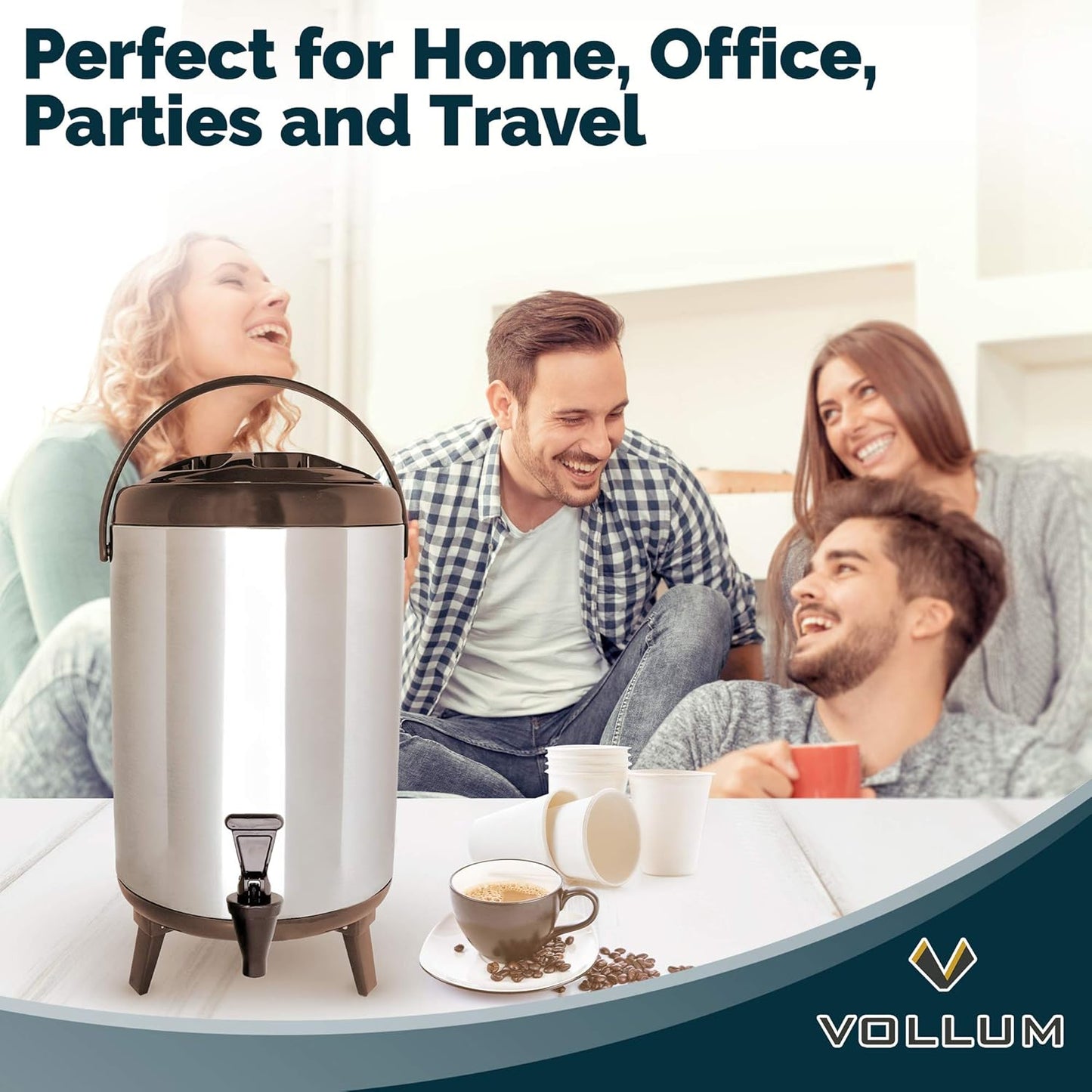 Stainless Steel Insulated Beverage Dispenser – Insulated Thermal Hot and Cold Coffee Carafe – 8 Liter Drink Dispenser with Spigot for Hot Water, Tea & Coffee, Cold Milk, Juice & More BROWN…