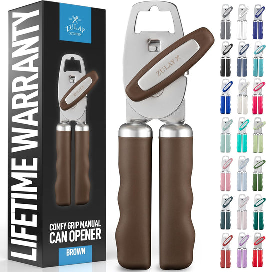Zulay Kitchen Heavy Duty Stainless Steel Can Opener Manual with Bottle Opener - Rust Proof Manual Can Opener With Turn Knob & Comfy Soft Grip Handles - Brown