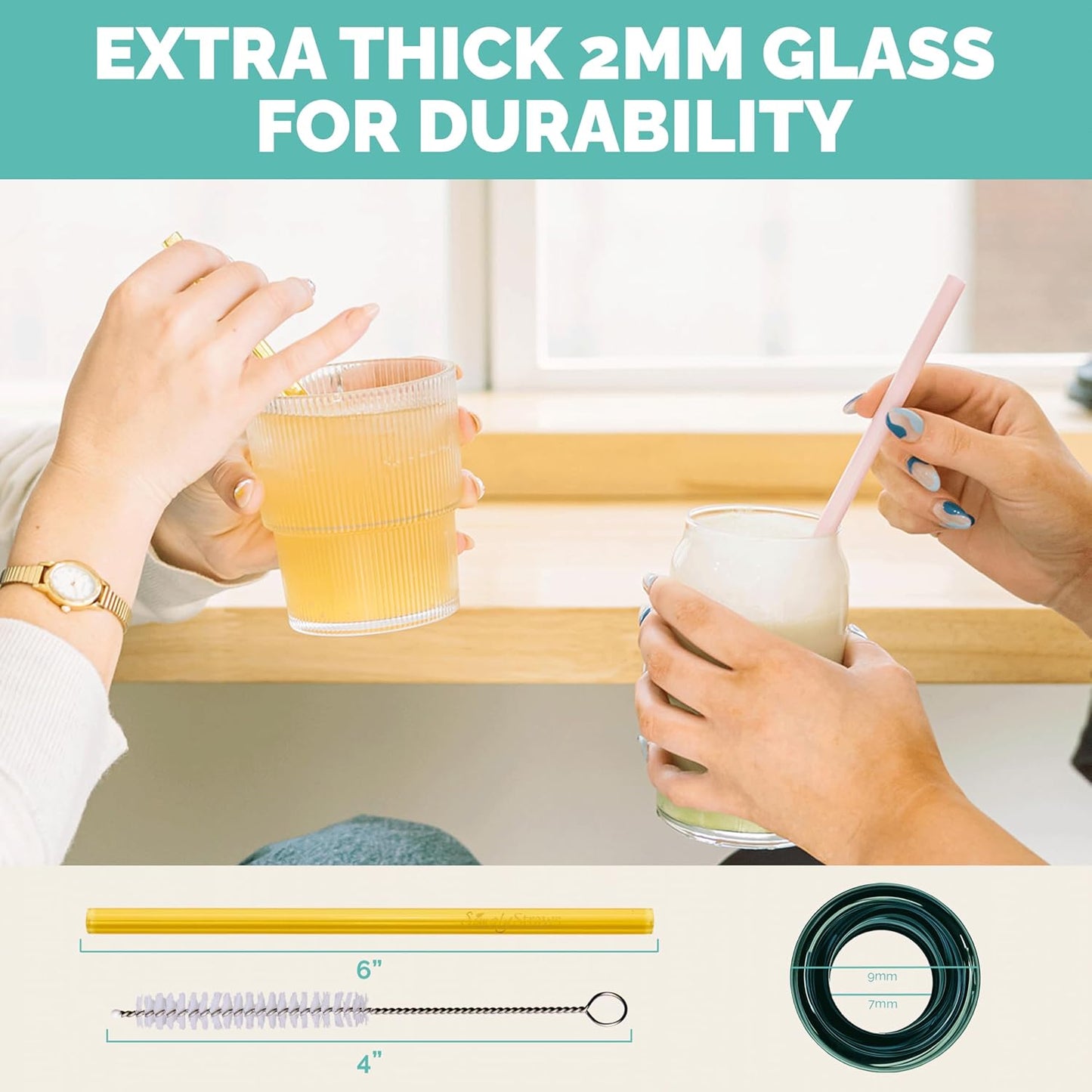 Simply Straws 6 Inch Glass Straws Straight (6-Pack) – Reusable Glass Straws for Low Balls & Stemless Glasses, with Cleaning Brush – Dishwasher Safe, Hot & Cold Use, BPA-Free (Fjord Mist)