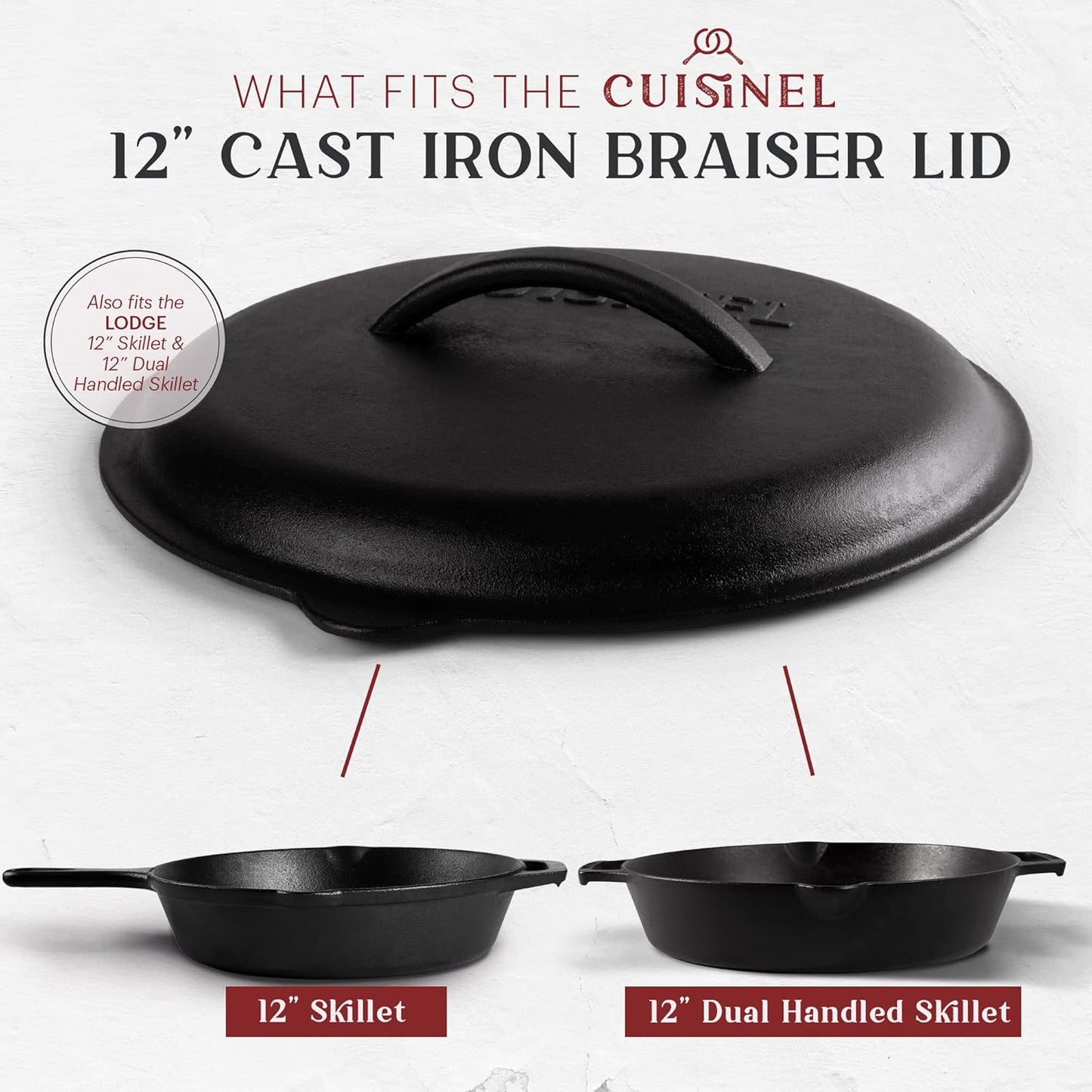 Cuisinel Cast Iron Lid - Fits 12"-Inch / 30.48-cm Lodge Skillet Frying Pans or Braiser + Silicone Handle Holder + Care Guide - Pre-Seasoned Replacement Cover - Indoor/Outdoor, Oven, Fire, BBQ Safe