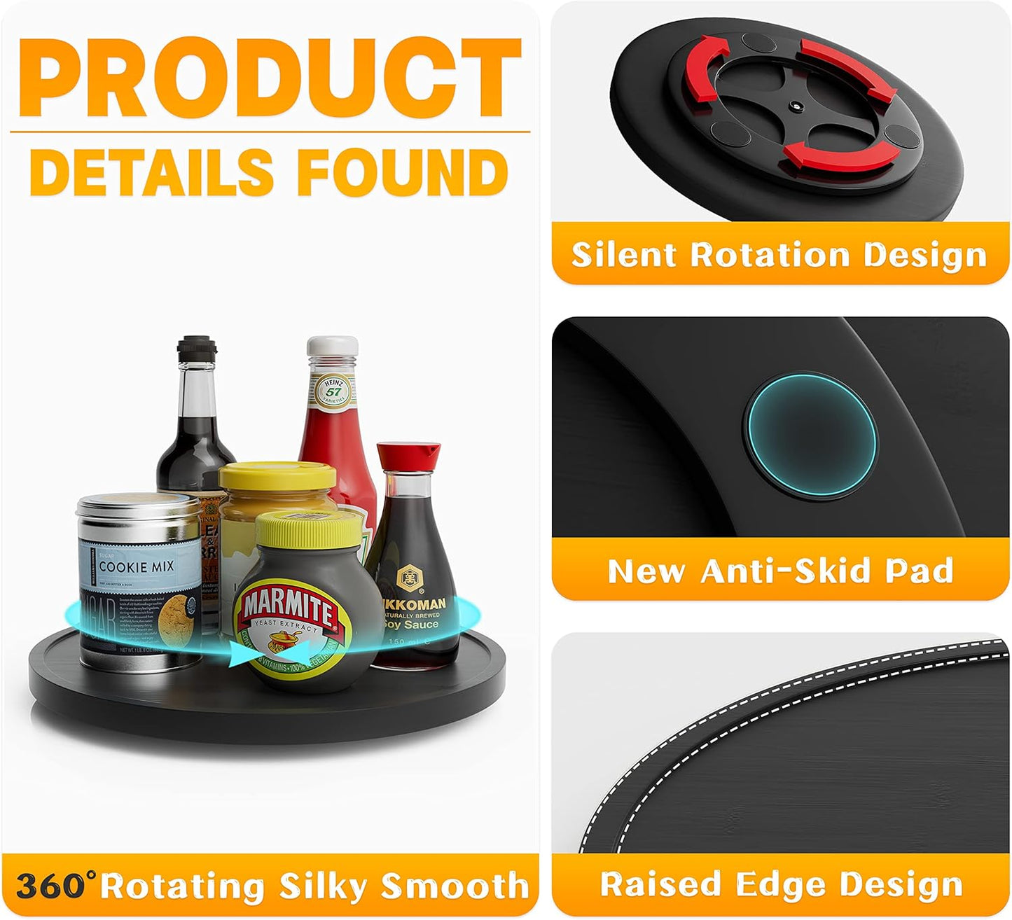 Lazy Susan Organizer Homerays 10 Inch Non-Skid Bamboo Lazy Susan for Kitchen Rotating Spice Rack for Kitchen Cabinet, Wood Turntable for Kitchen Countertop Organizer Black