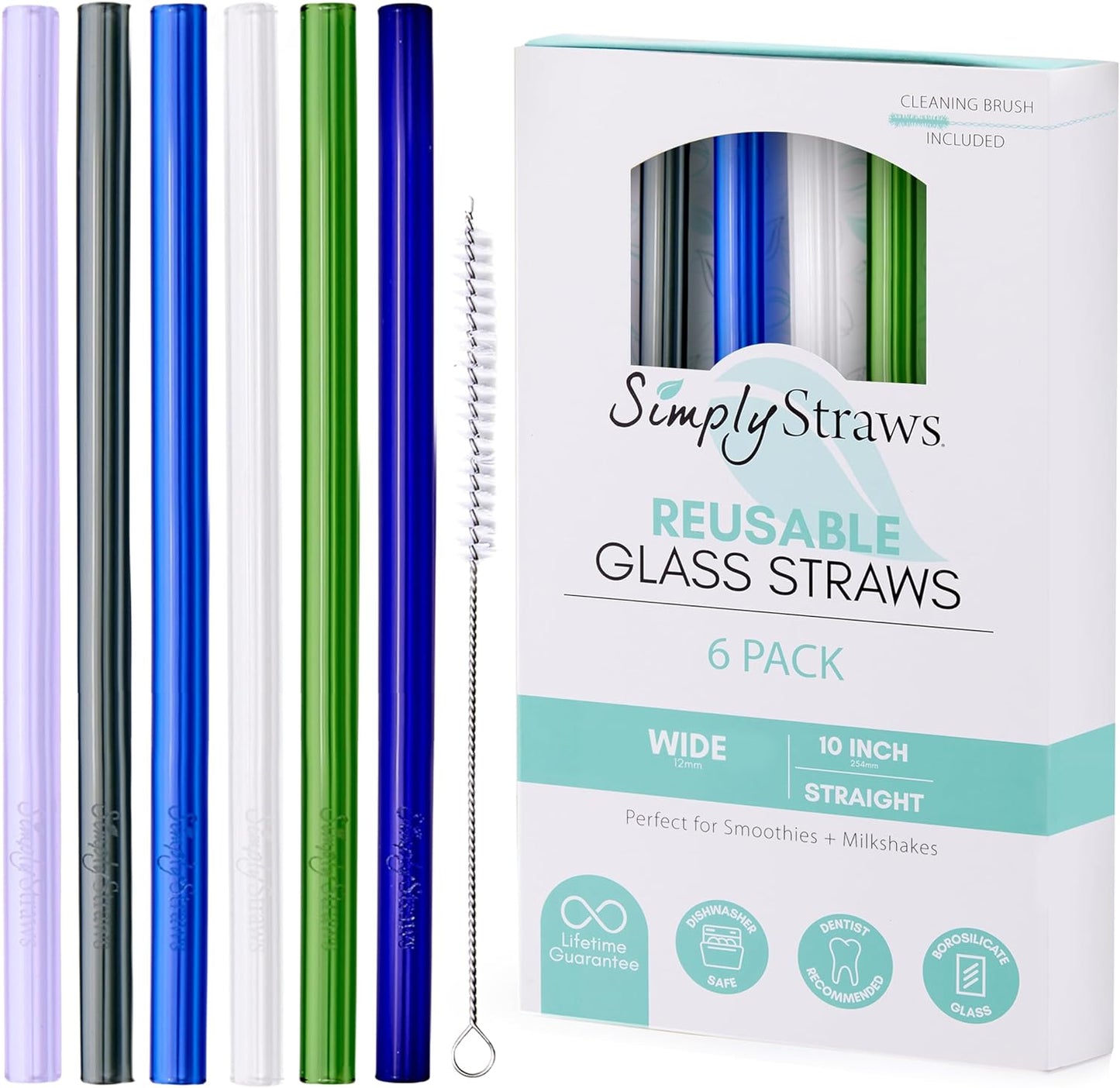 Simply Straws Wide Glass Straws (6-Pack) - 10in x 12mm Reusable Glass Smoothie Straws for Milkshakes, Juices & Slushies, with Cleaning Brush - Dishwasher Safe, Hot & Cold Use, BPA-Free (Seaglass)