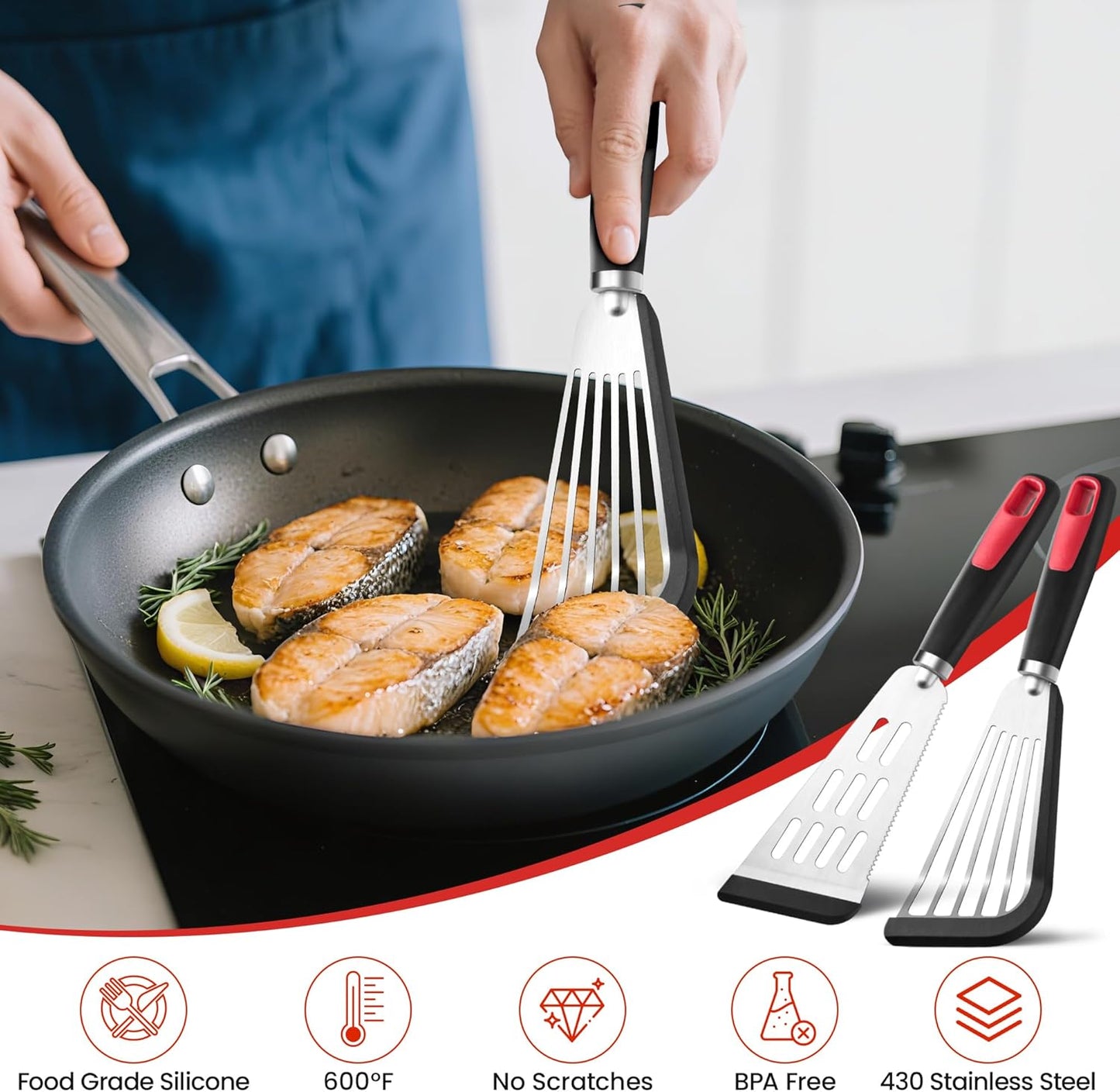 Fish Spatula Turner Set of 2, 600ºF Heat Resistant Silicone Spatulas for Nonstick Cookware, Metal Slotted Spatula with Silicone Edge for Fish, Egg, Pancake, Dishwasher Safe