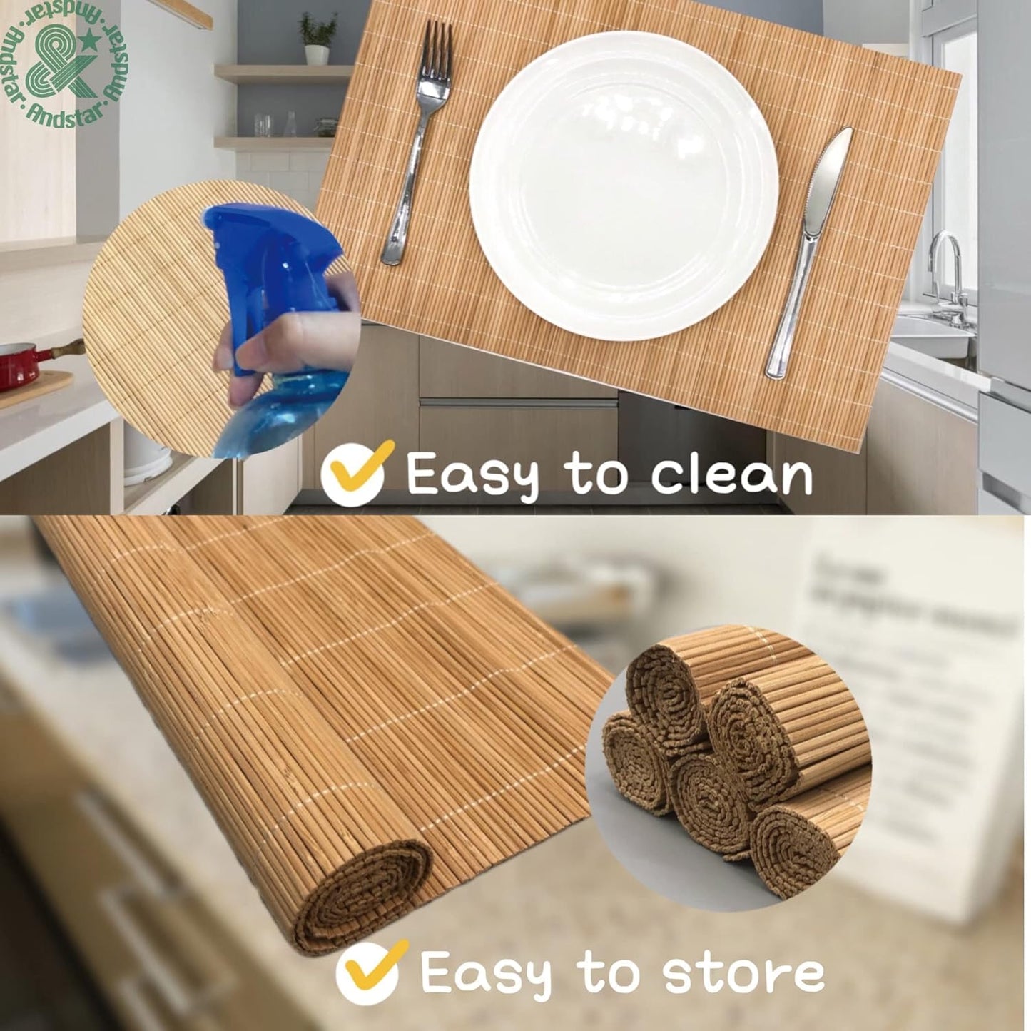 ANDSTAR Set of 24 Bamboo Placemats 17.7X11.8Inch Sushi Rolling Mat Japanese Style Bamboo Mat Natural Place Mats Washable Heat Resistant Table Mats for Dinner Dining Table Wedding Parties（Brown）