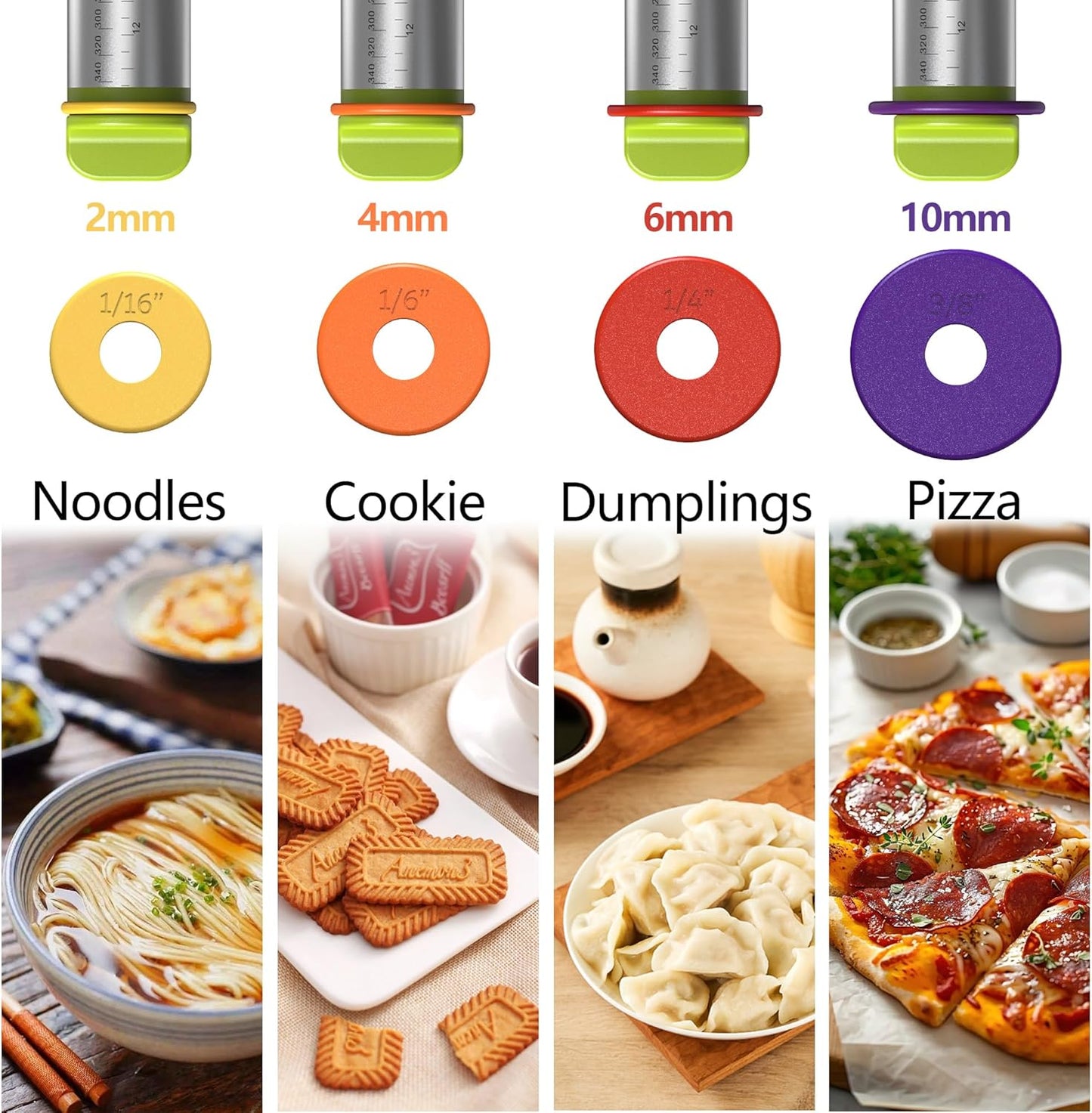 Stainless Steel Rolling Pin with Thickness Rings for Fondant, Pizza, Cookie, Pastry, Pie,Roller Rod for Dough Thickness,Rolling Pin for Baking, 13.6" with 4 Thickness Rings and Wooden Stand