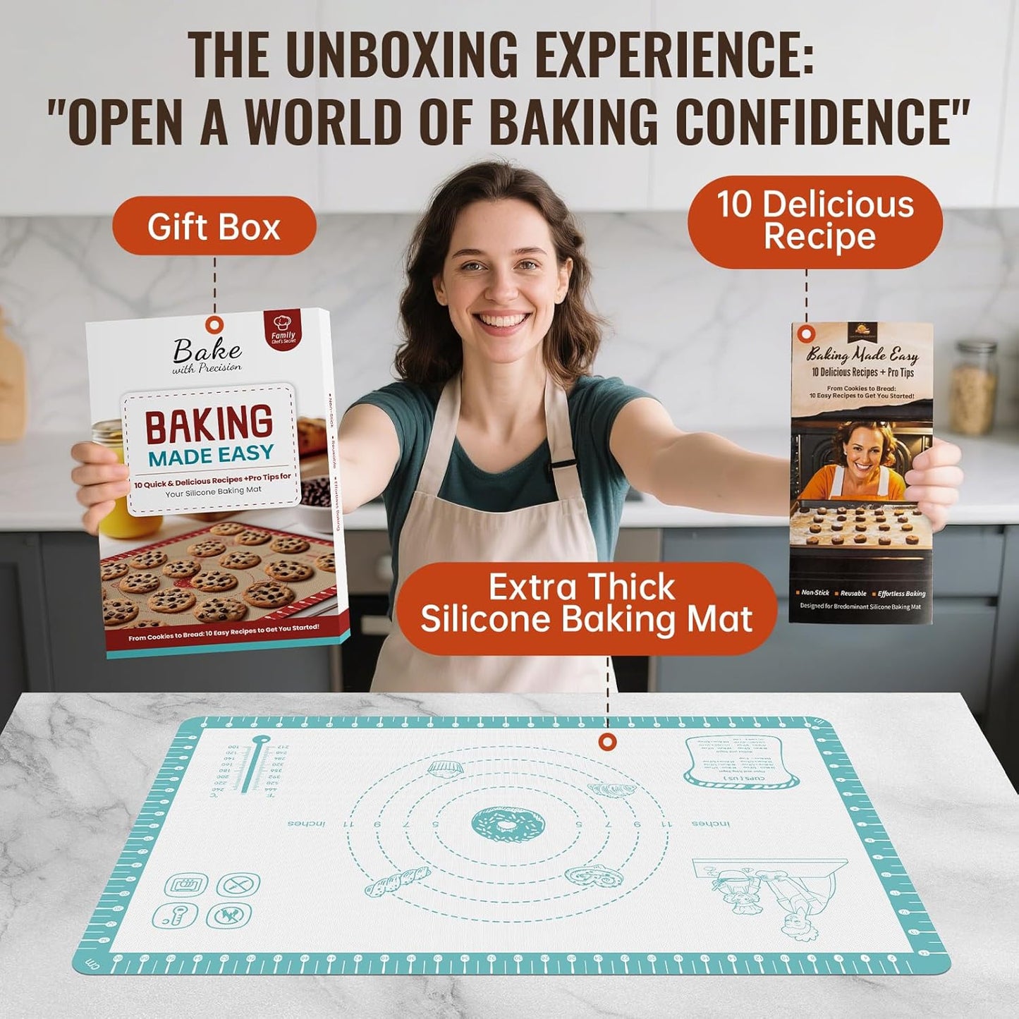 Non Stick Silicone Pastry Mat with 10 Quick Recipes ，Silicone Mat for Dough Rolling Baking Sheet for Cookies, Pizza,Bread, Surdough,Fondant Mat for Kitchen Counter, Extra Large and Oven Safe