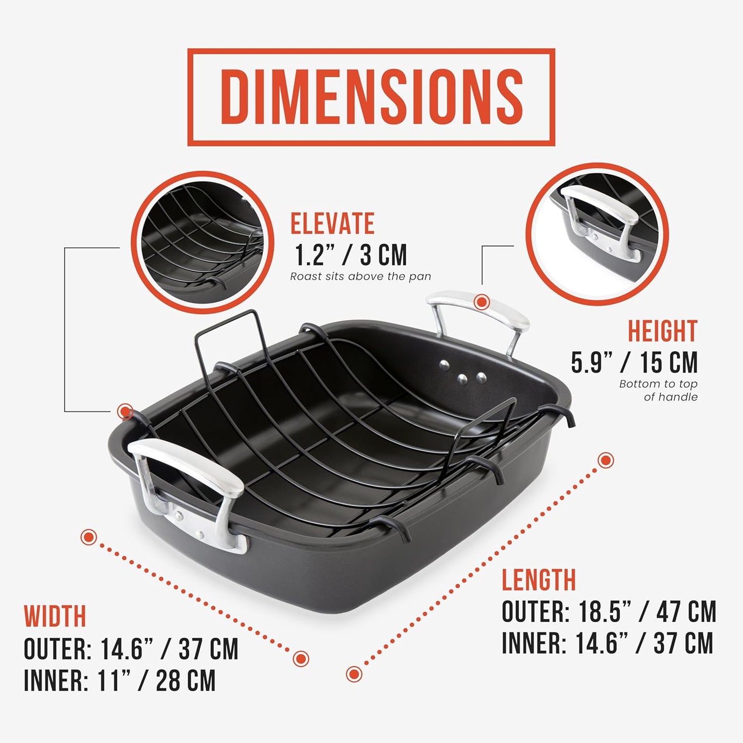 Chef Pomodoro Deluxe Large Carbon Steel Roasting Pan with U-Rack, 18.5 x 14.5-In (47 x 37 cm), Extra-Large, Grey – The Ultimate Solution for Flawless Roasts, BBQs, and Oven-to-Table Entertaining
