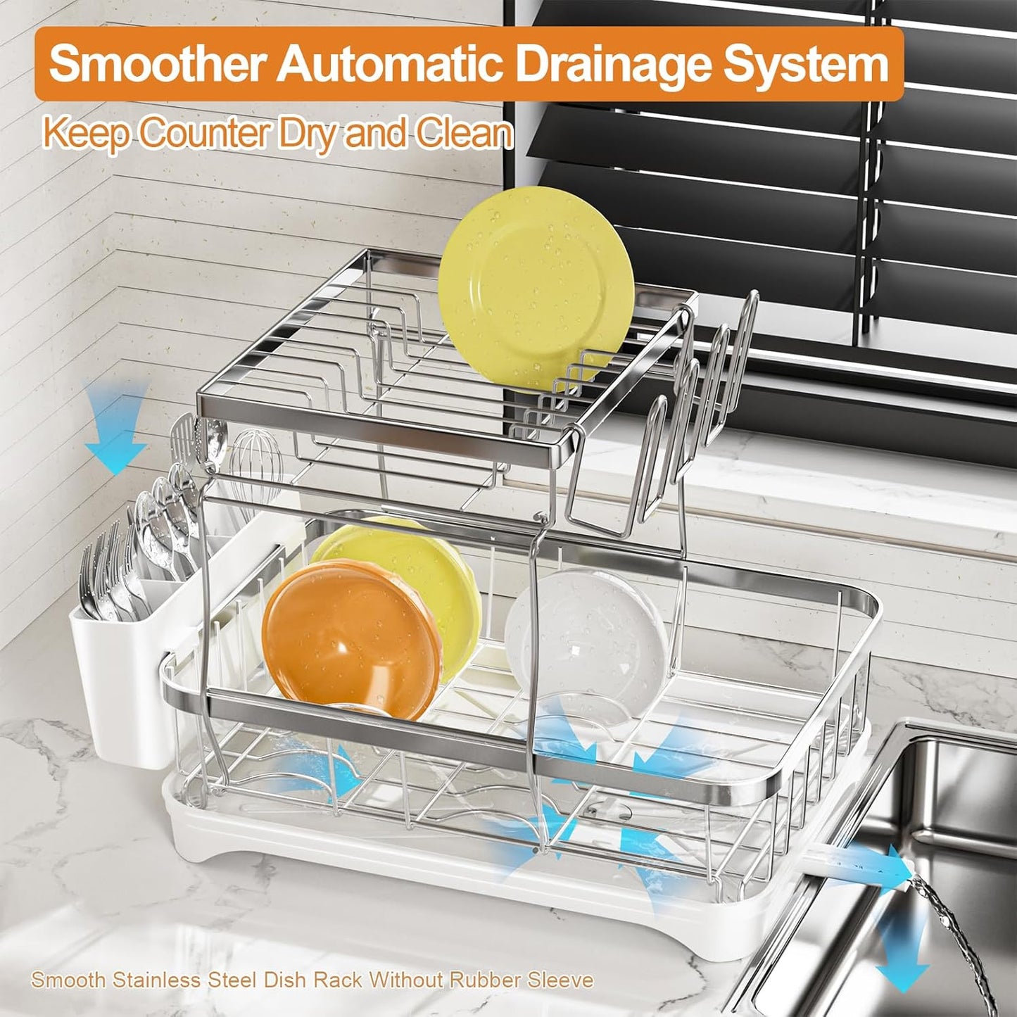 Dish Drying Rack Kitchen 2-Tier 304 Stainless Steel Dish Racks for Kitchen Counter,Strainer with Adjustable Draining Tray,Drying Rack with Water Cup Hook & Cutlery Holder,White