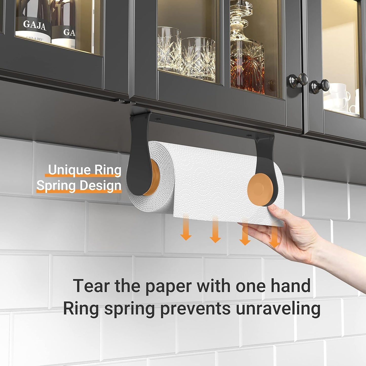 Paper Towel Holder Under Cabinet, Wall Mount, One-Handed Tear, Stainless Steel, Black, Paper Roll Holder with Kitchen Bathroom Farmhouse Essentials Decor Accessories