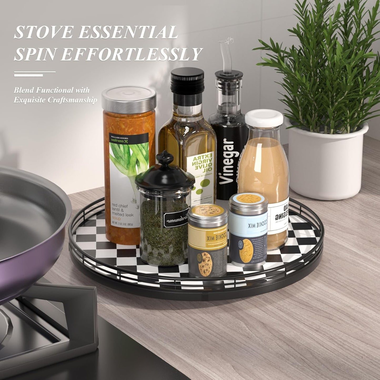 Black and White Kitchen Lazy Susan Turntable – Checkered Round Decorative Tray, 13” Table Top Oak Wood Lazy Susan for Cookies, Dining Table Organizer, Small Kitchen Table Centerpiece