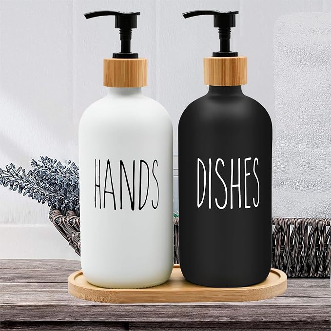 Sunrise Premium 16 OZ Thick White & Black Glass Soap Dispenser, Bamboo Pump - Image 5