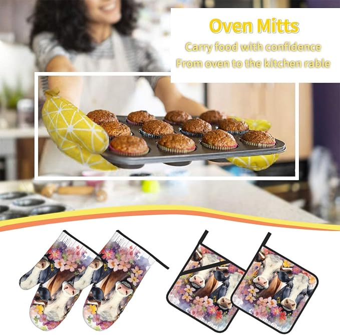 Watercolor Cows Oven Mitts and Pot Holders Sets Daisy Flower Kitchen Oven - Image 6
