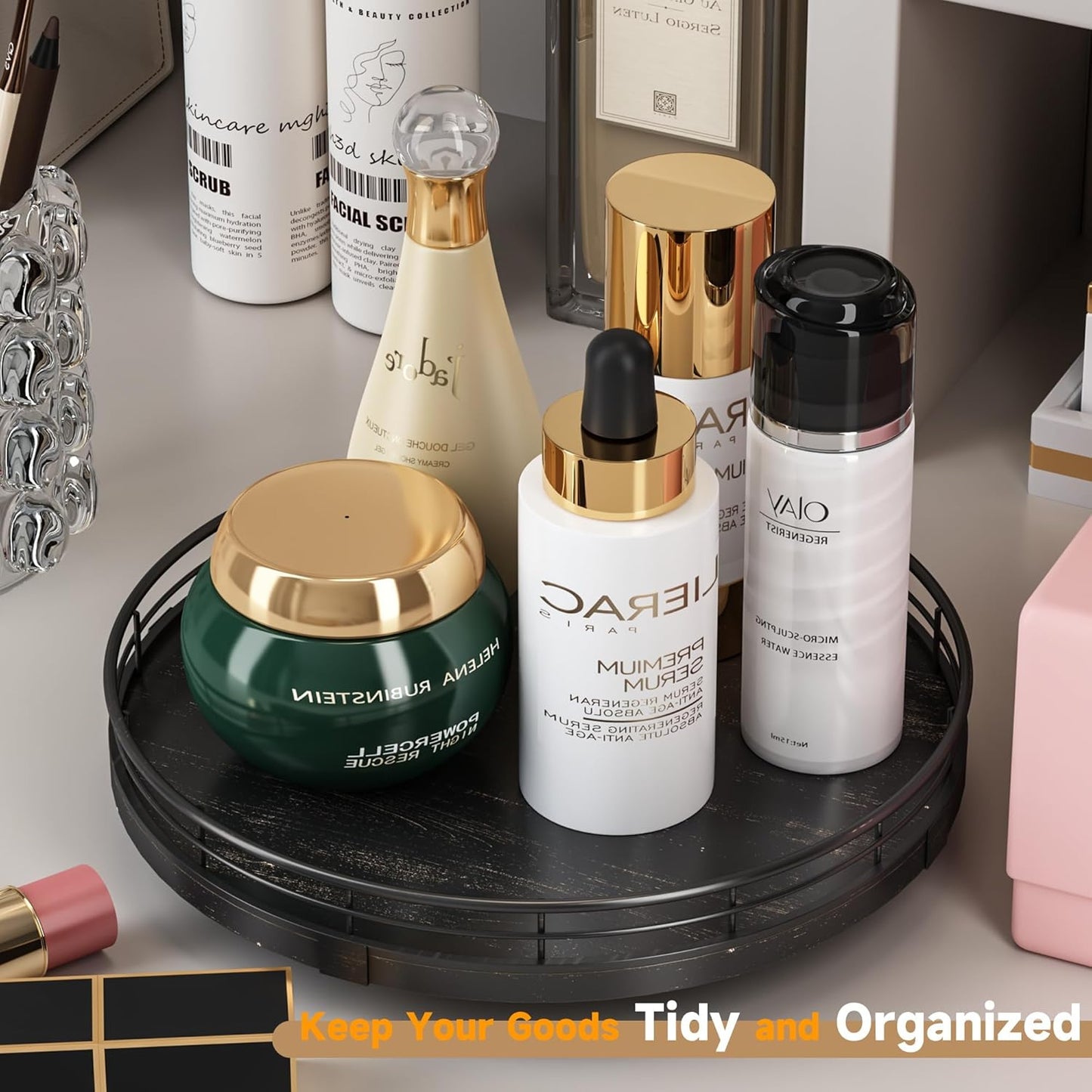 10" Oak Bathroom Vanity Tray Turntable for Perfume Candle, Round Wooden Decorative Tray for Kitchen Sink Countertop Organizer, Bathroom Counter Organizer for Skincare Makeup, Farmhouse Black Gold