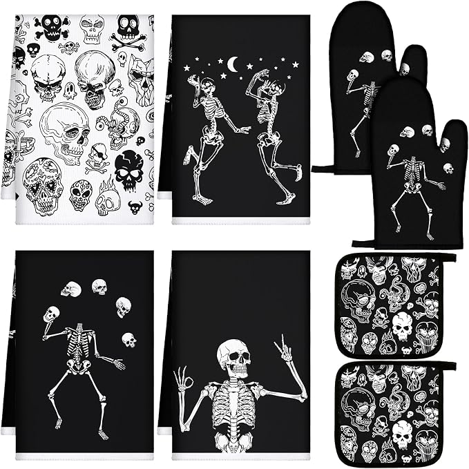 Leinuosen 8 Pcs Skull Kitchen Decor Set Kitchen Towels Gothic Oven Mitts and by Leinuosen