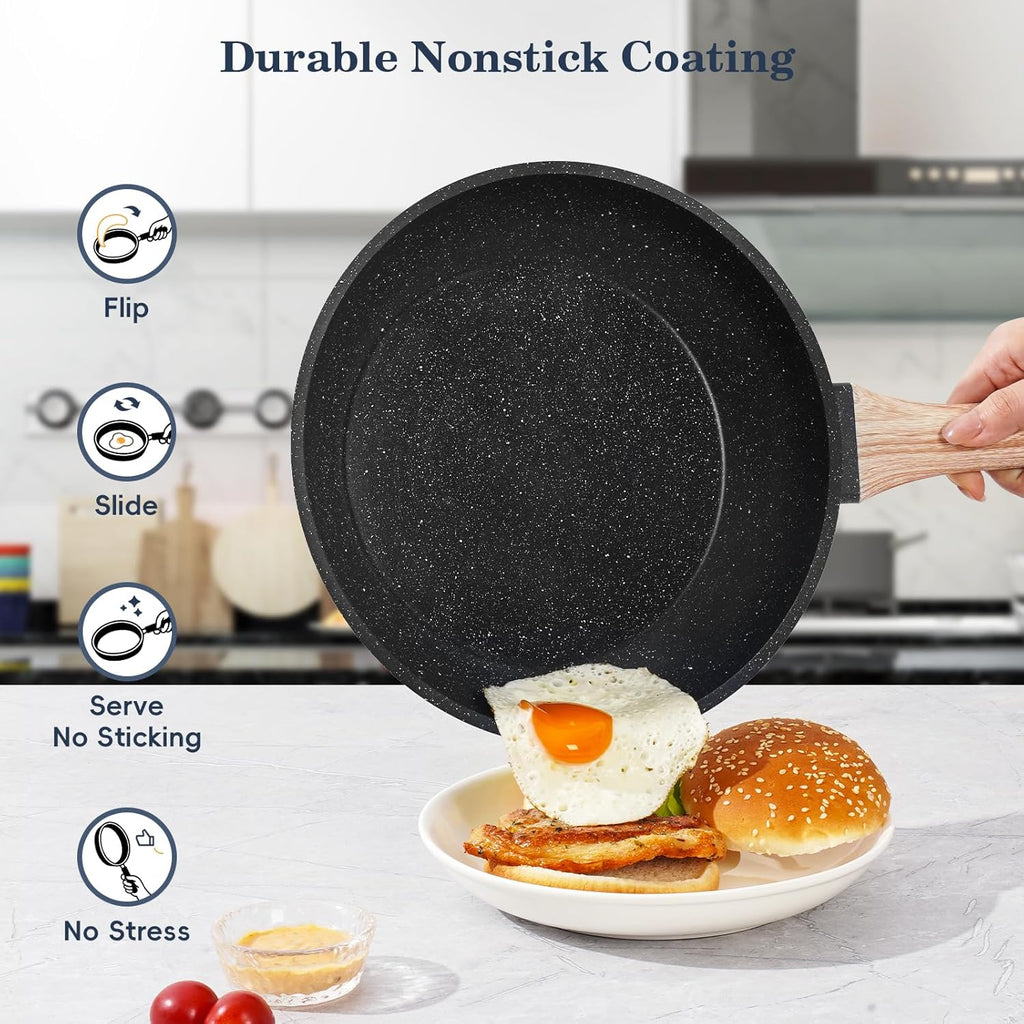 12 Pcs Pots and Pans Set Non stick, Cookware Sets Black Granite Induction Cookware, Non-toxic Healthy Nonstick Kitchen Cooking Set with Frying Pans Set, Saucepans (PFAS/PFOA/PFOS Free)