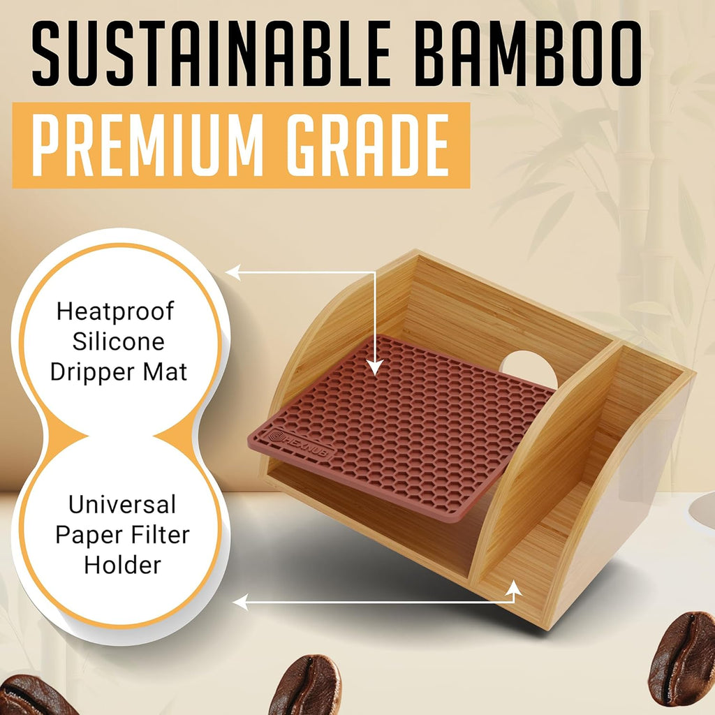 HEXNUB Caddy and Lid for Pour Over Coffee Maker, Bamboo Stand fits Chemex, Bodum, Cosori Carafes, Heatproof Mat, Filter Holder for Drip Coffee Maker - Brown Mat