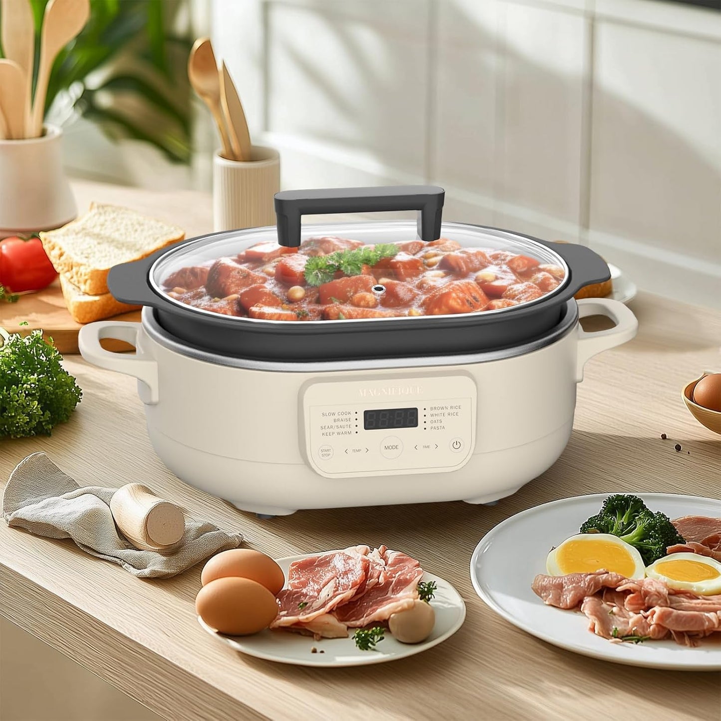 6 Quart Slow Cooker, with 8-in-1 Multi-Cooker, Casserole Programmable crock pot, Dutch Oven, Pasta, Nonstick, Oven Safe Pot to 500°F, Oatmeal