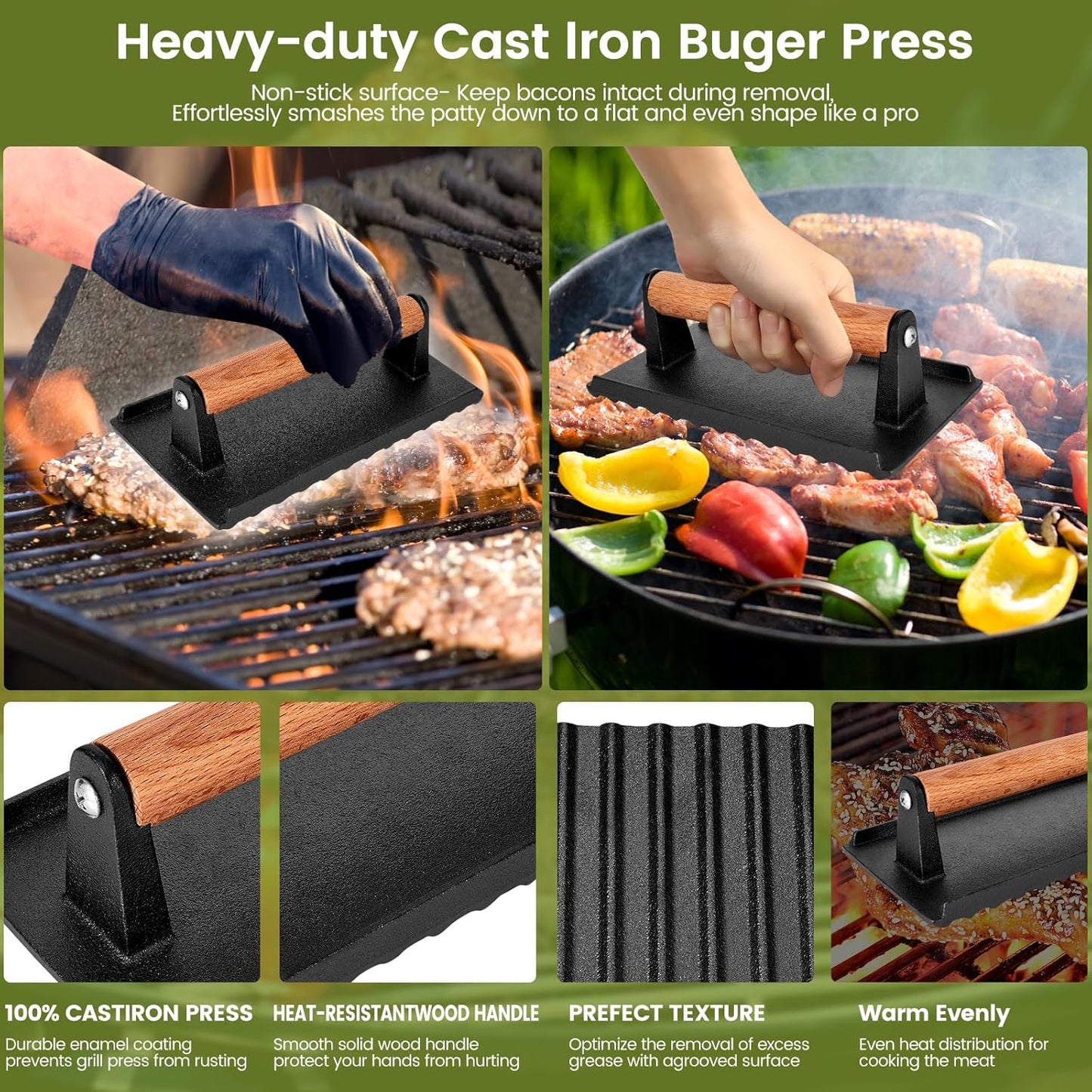 Burger Press, 8.3”X4.3” Rectangle Heavy-Duty Cast Iron Smash Burger Press Griddle Accessories with Heat Resistant Wood Handle for Blackstone Griddle, Ideal for Panini, Steak & Sandwiches
