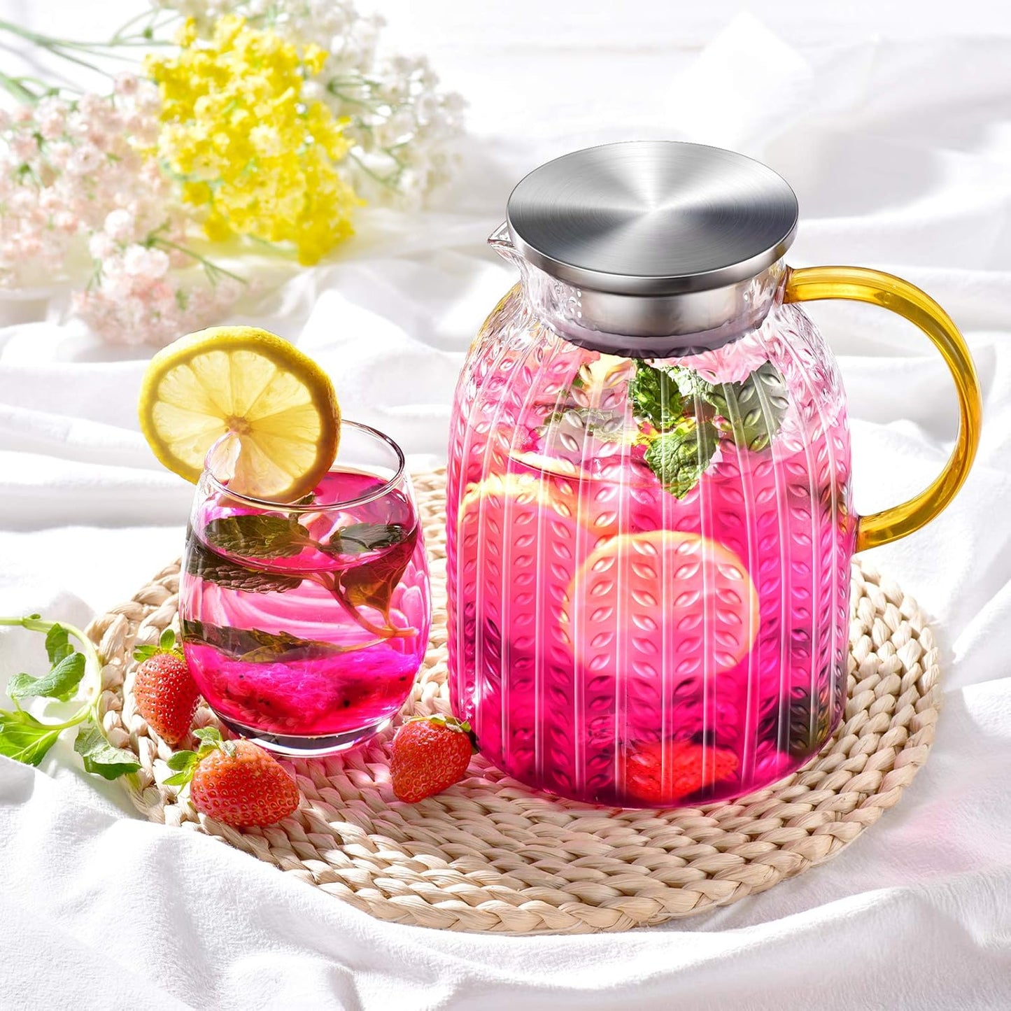 Aofmee 60oz Glass Pitcher, Water Pitcher with Lid, Iced Juice Jugs for Fridge, Glass Carafe for Cold or Hot Beverages, Sun Tea Jar, Easy Clean Heat Resistant Glass Jug for Milk