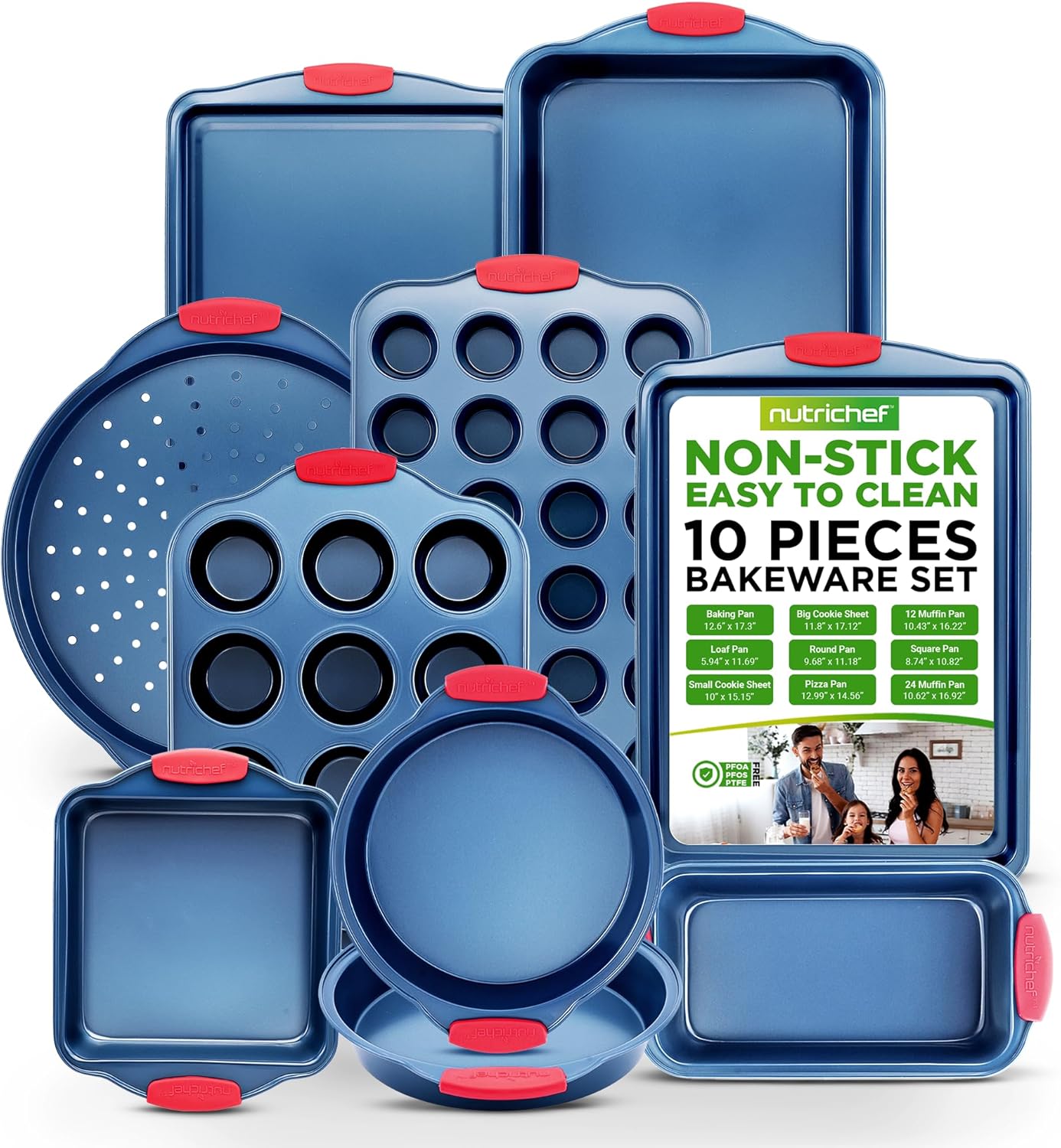 NutriChef 10-Piece Nonstick Bakeware Set - Deluxe Carbon Steel with Blue Silicone Coating, Red Handles, Professional Grade Kitchen Essentials, Ideal for Baking Cakes, Cookies, and More (Blue)