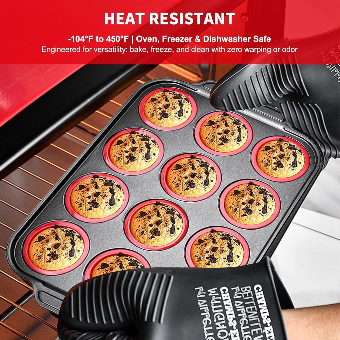 Silicone Muffin Pan with Metal Frame, Egg Bite Maker Silicone Molds for Baking, Cupcake Pans 12 Regular Size, Muffin Tins Easy to Pop Nonstick Bakeware for Oven (Red)