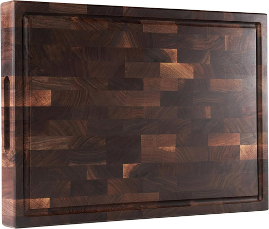American Black Walnut Wood Cutting Board 20"x15"x2"(Large and Thick) for Kitchen with Juice Groove, Inner Handles, End Grain Butcher Block Finished with Linseed Oil, Beeswax, Lemon Oil, Giftbox