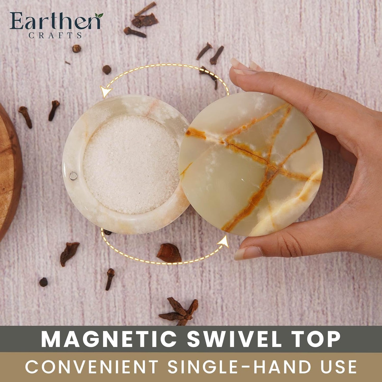 Marble Salt Cellar with Swivel Lid 3" Inches Green Onyx Salt Keeper for Countertop, Kosher Salt and Seasoning Storage Container for Kitchen or Bath Salt