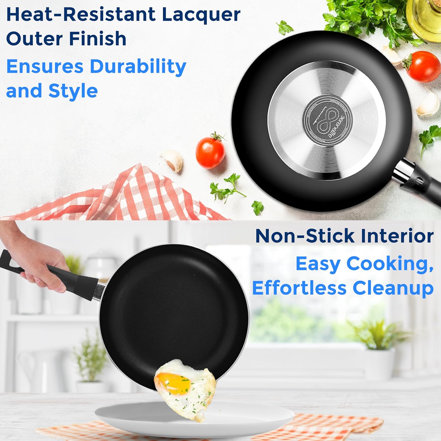 SereneLife 6-Piece Pots and Pans Set – Nonstick Cookware, Black Coating, Heat-Resistant, Dishwasher safe, Includes Fry Pans, Saucepans with Lids, Color Black