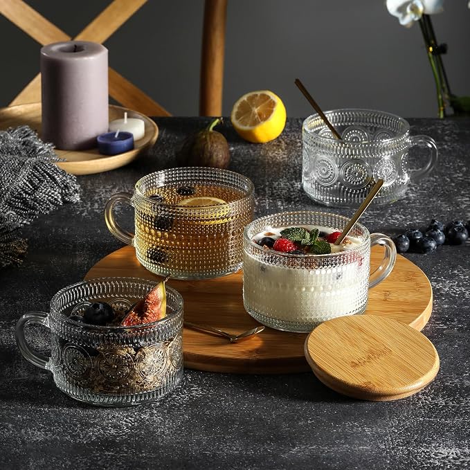 Vintage Coffee Mugs, Overnight Oats Containers - 14oz Clear Embossed Glass Cups - Image 3